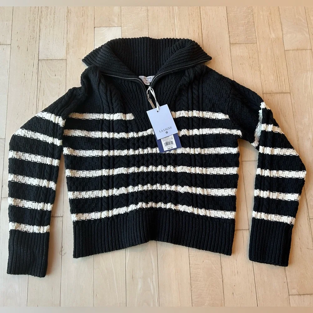 La Ligne x Target Black/White Striped Cotton Blend Shawl Zip Sweater Large NWT
